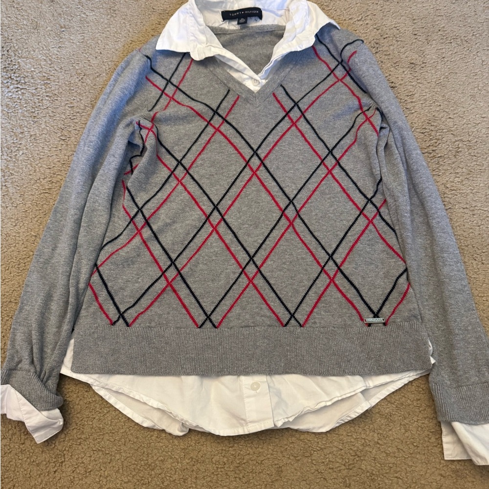 Tommy Hilfiger White and Gray Collar Shirt